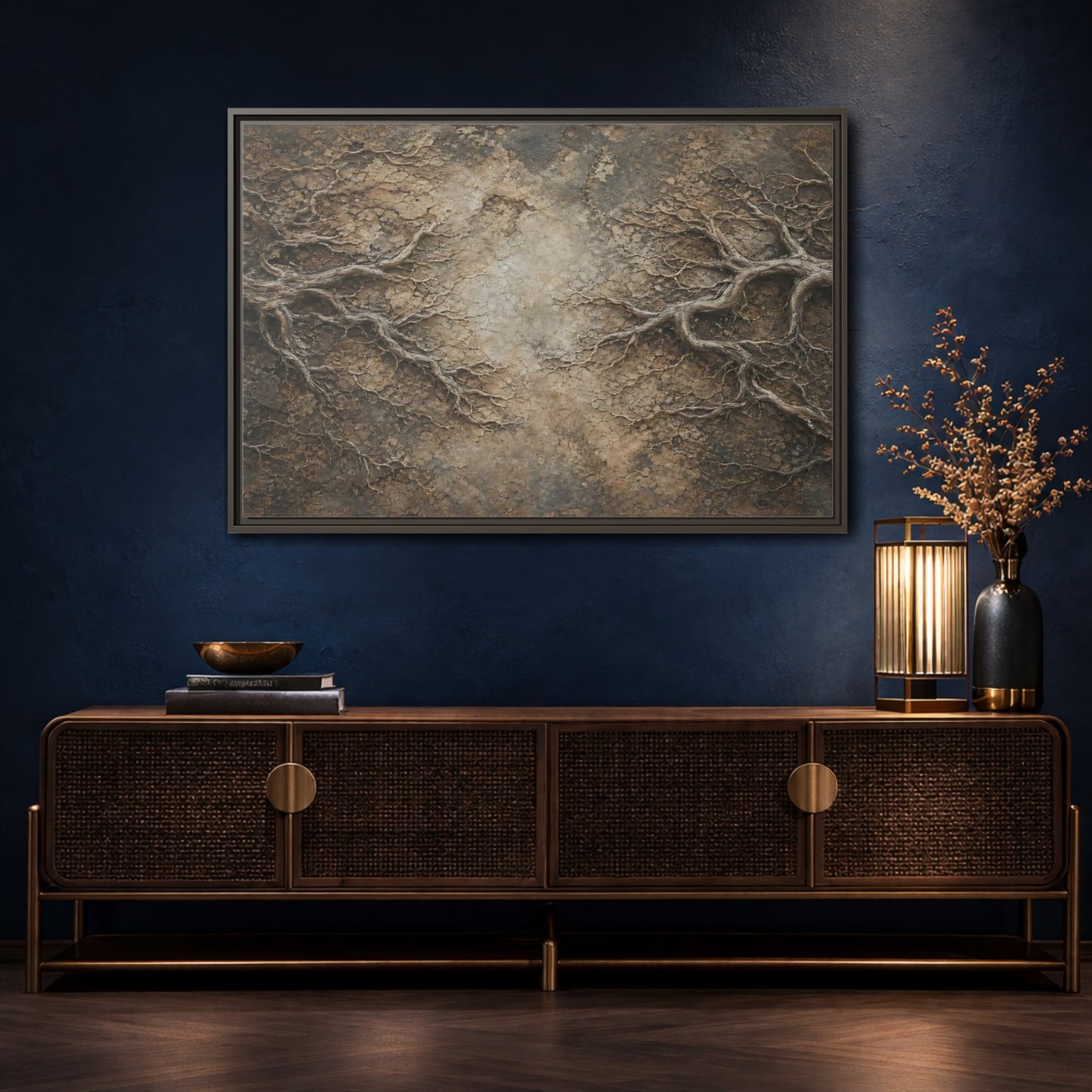 Mockup 4. Nature Tree Roots Earthy Brown Texture shown as stretched canvas wall art