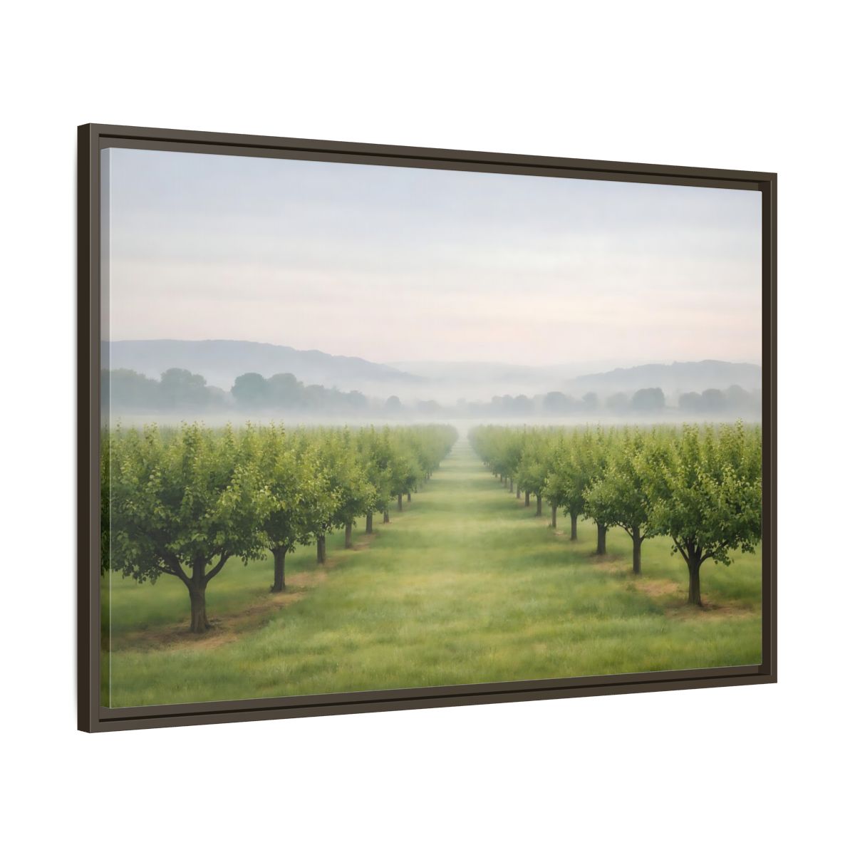 Main Mockup. Nature Tree Rows Green And White shown as stretched canvas wall art