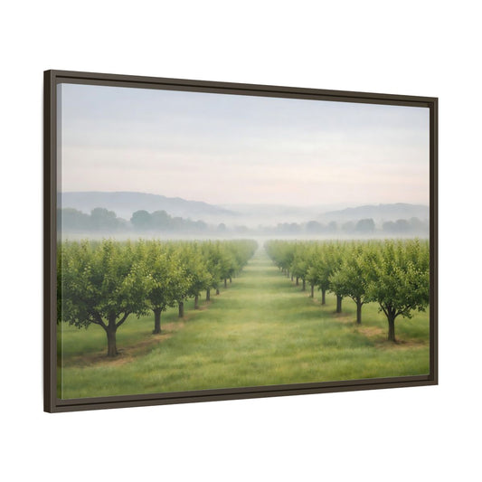 Main Mockup. Nature Tree Rows Green And White shown as stretched canvas wall art