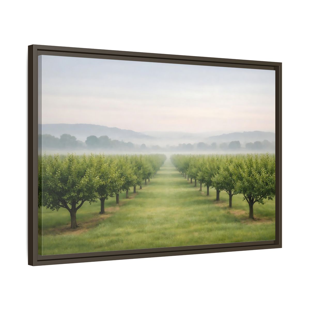 Side Mockup 11. Nature Tree Rows Green And White shown as stretched canvas wall art