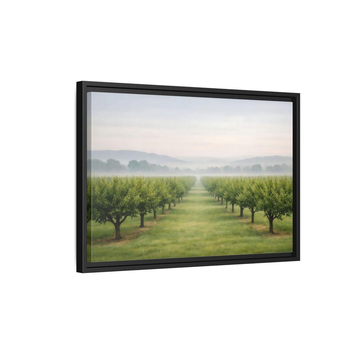 Side Mockup 3. Nature Tree Rows Green And White shown as stretched canvas wall art