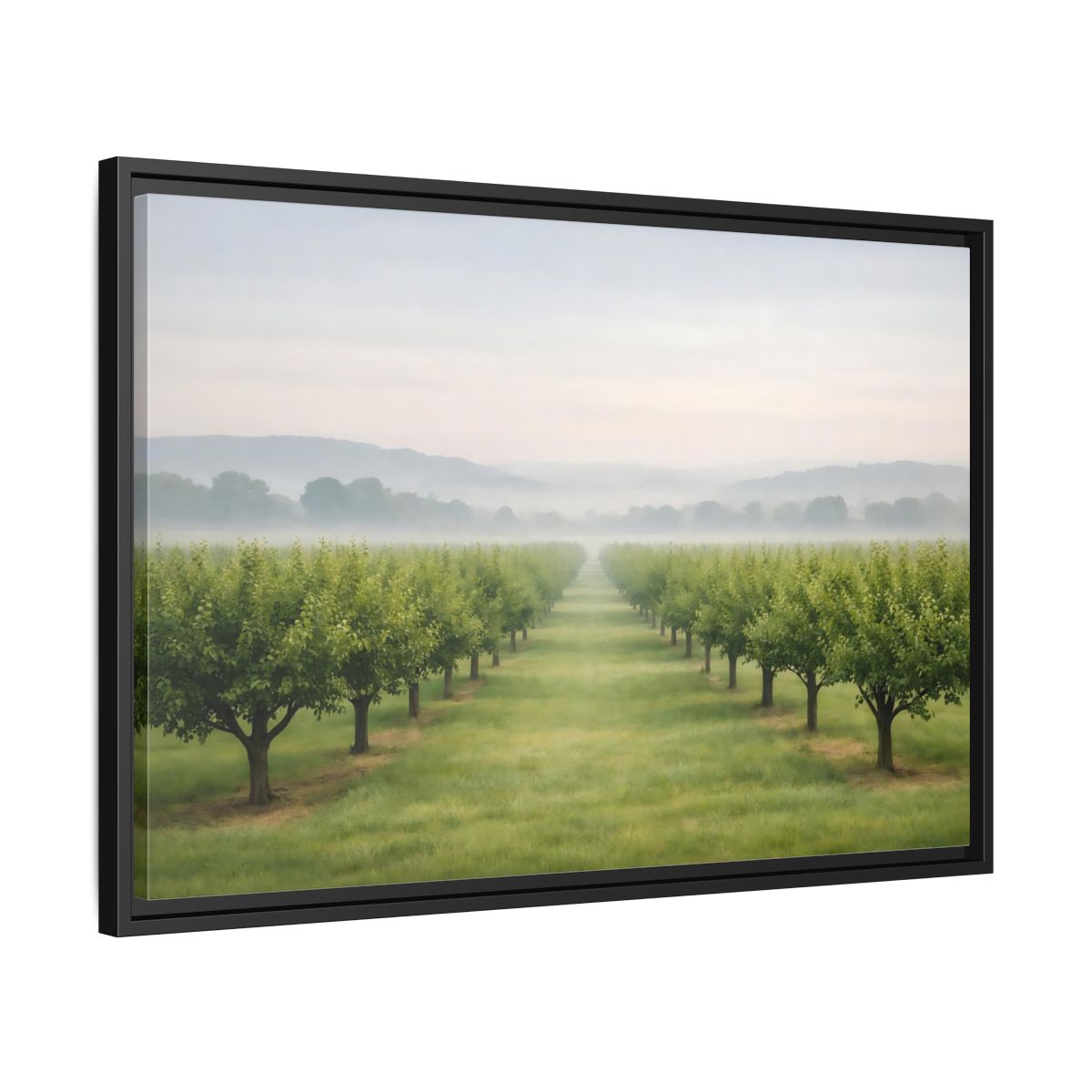 Side Mockup 14. Nature Tree Rows Green And White shown as stretched canvas wall art