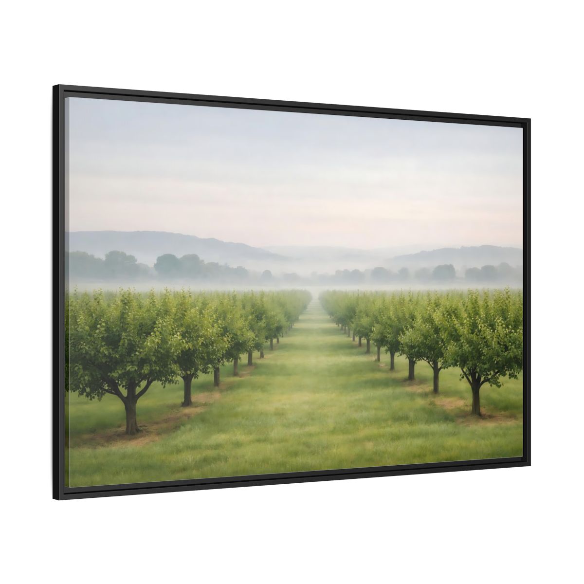 Side Mockup 12. Nature Tree Rows Green And White shown as stretched canvas wall art