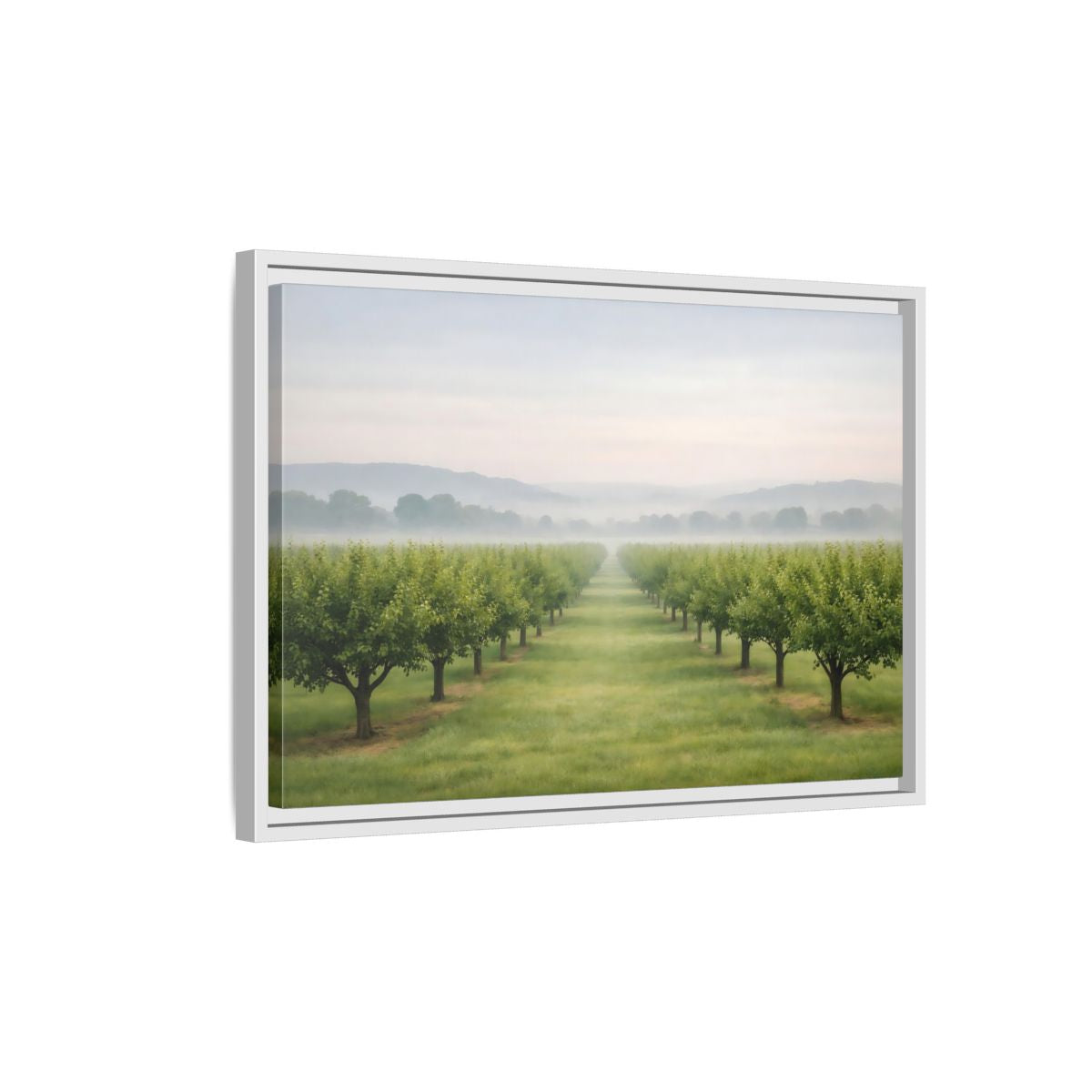 Side Mockup 1. Nature Tree Rows Green And White shown as stretched canvas wall art