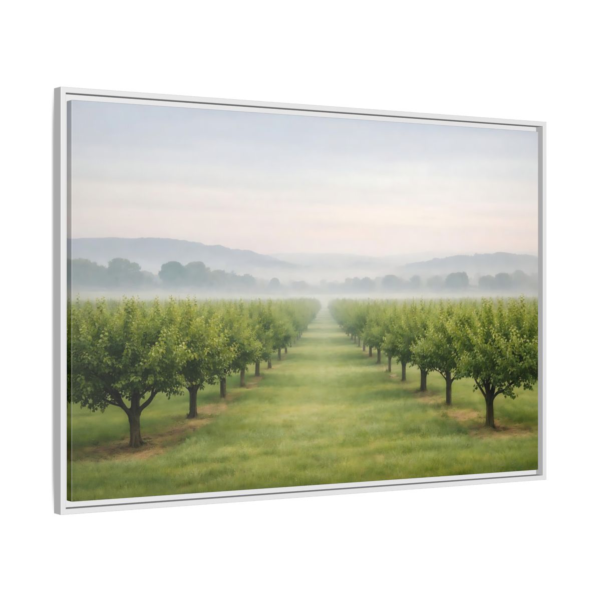 Side Mockup 7. Nature Tree Rows Green And White shown as stretched canvas wall art