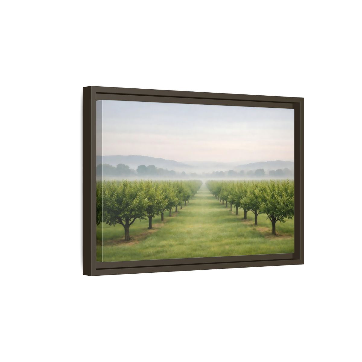 Side Mockup 5. Nature Tree Rows Green And White shown as stretched canvas wall art