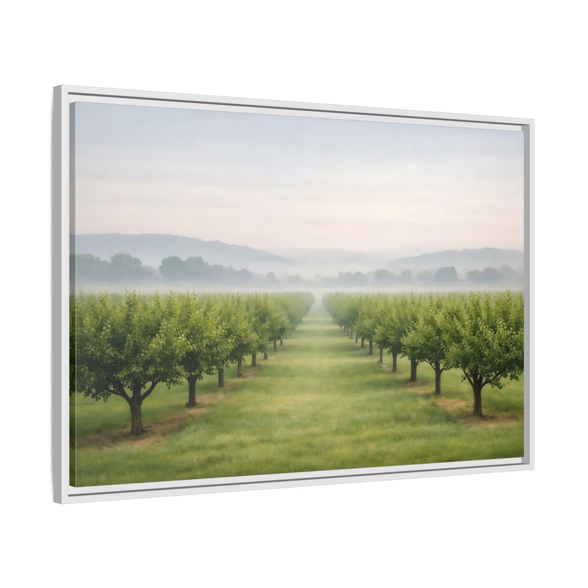 Side Mockup 9. Nature Tree Rows Green And White shown as stretched canvas wall art