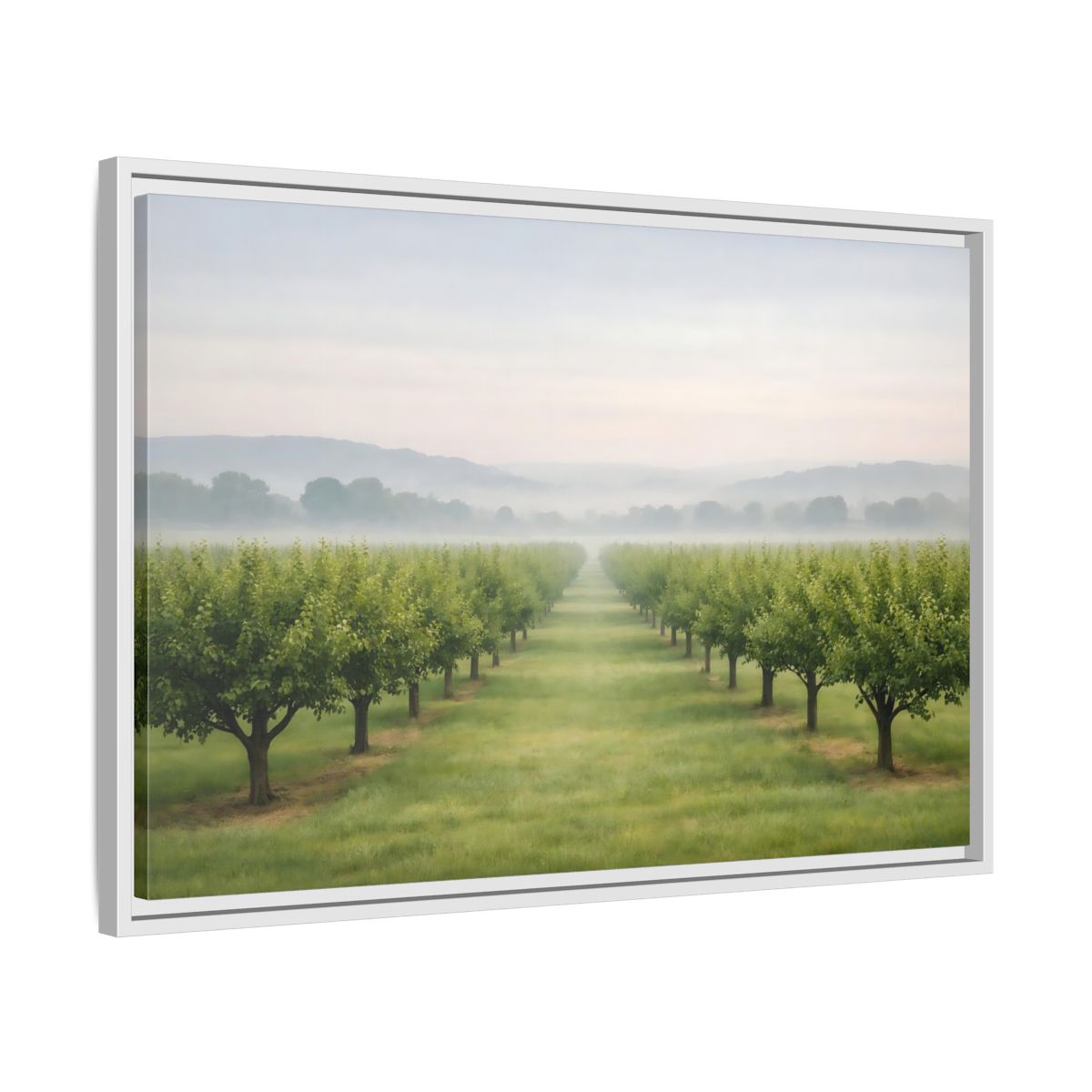 Side Mockup 10. Nature Tree Rows Green And White shown as stretched canvas wall art
