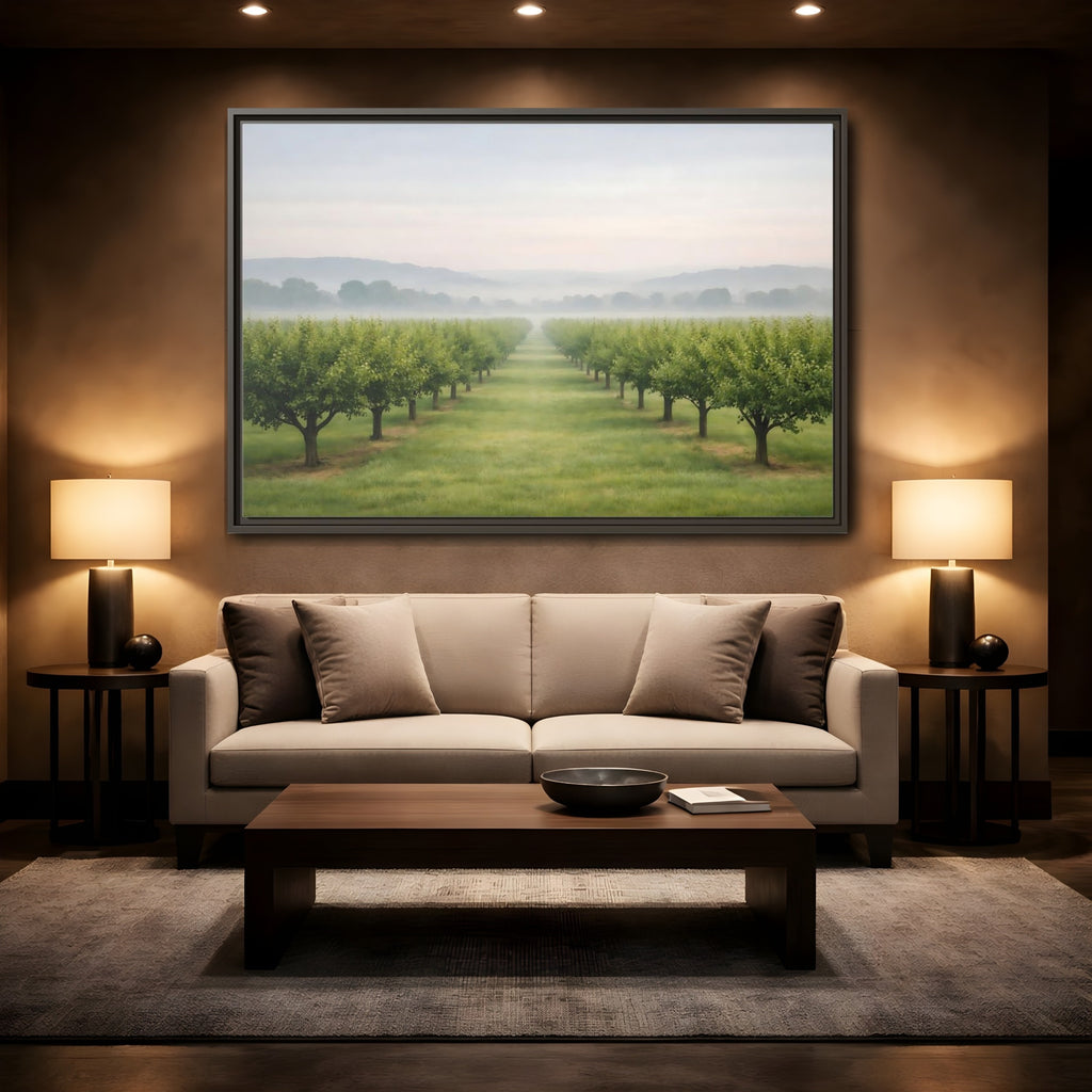 Mockup 2. Nature Tree Rows Green And White shown as stretched canvas wall art