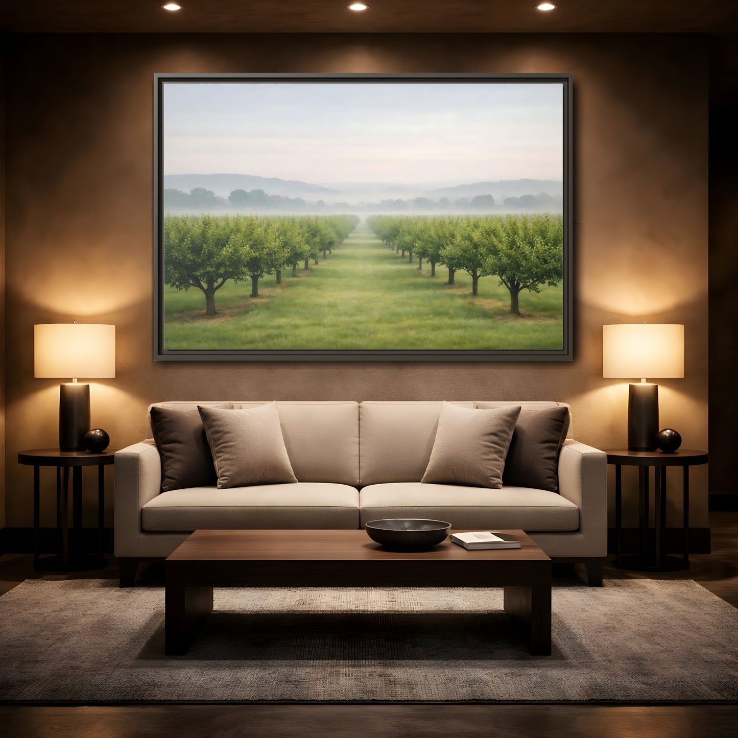 Mockup 2. Nature Tree Rows Green And White shown as stretched canvas wall art