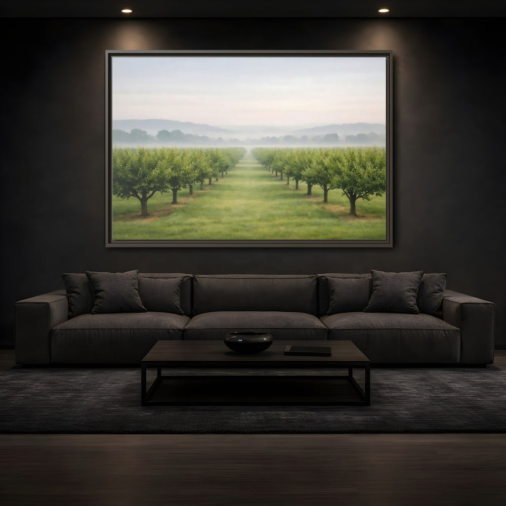 Mockup 3. Nature Tree Rows Green And White shown as stretched canvas wall art