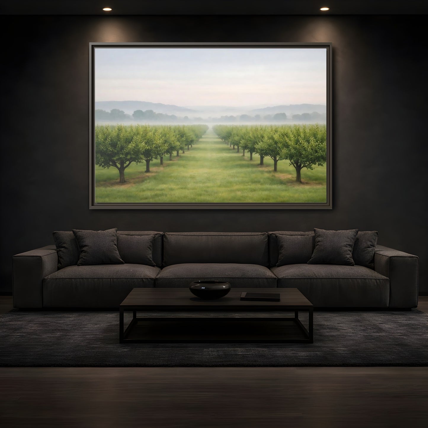 Mockup 3. Nature Tree Rows Green And White shown as stretched canvas wall art