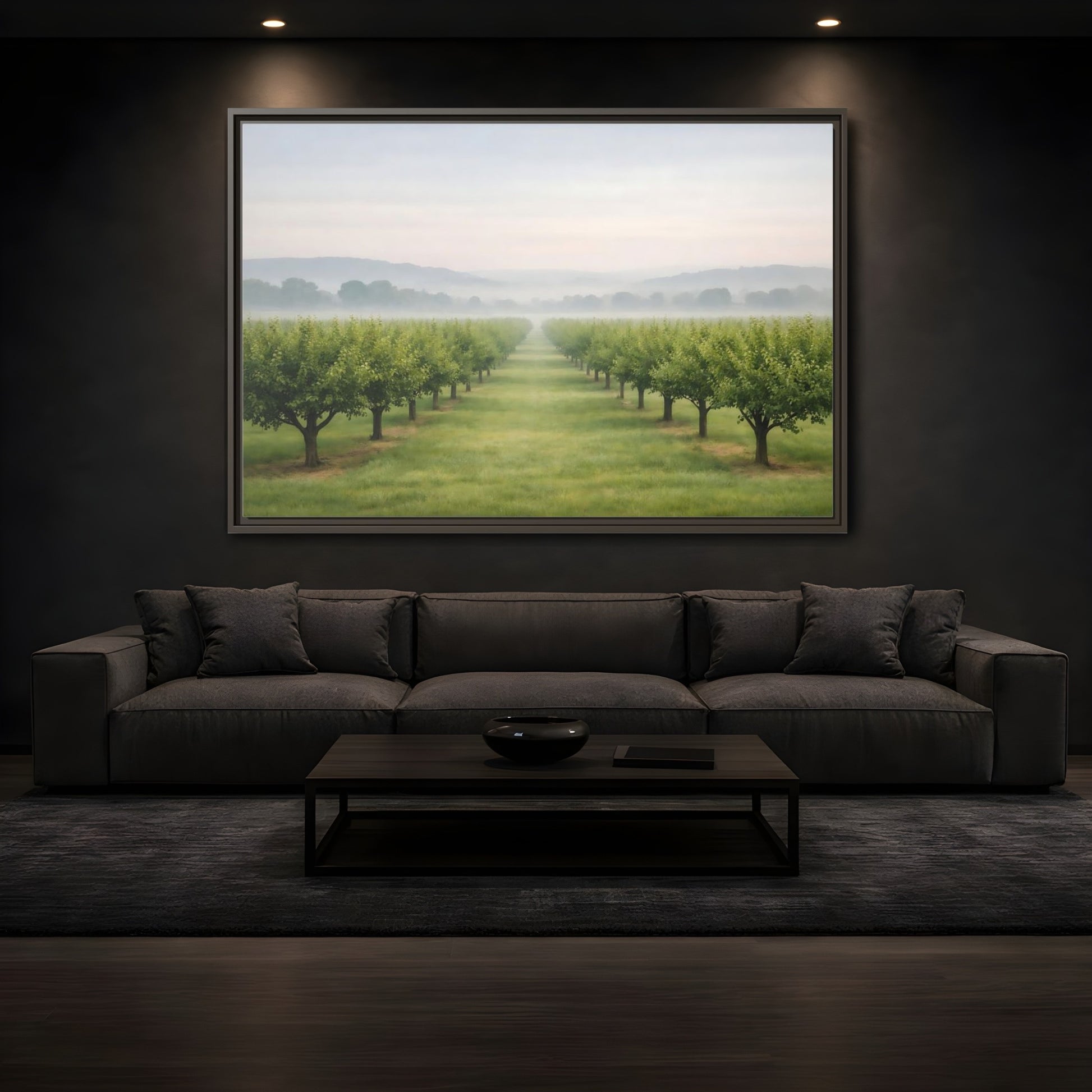 Mockup 3. Nature Tree Rows Green And White shown as stretched canvas wall art