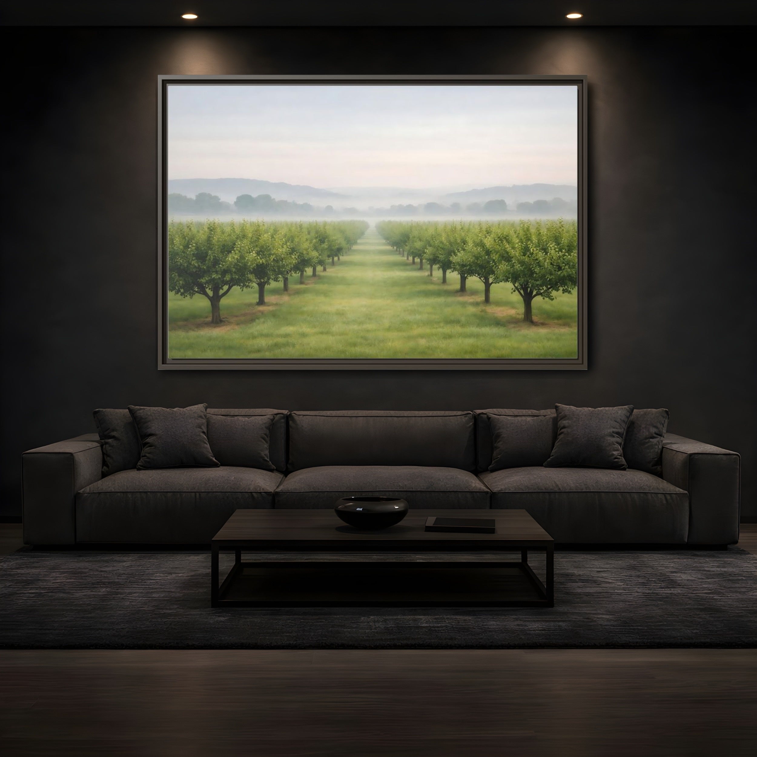 Mockup 3. Nature Tree Rows Green And White shown as stretched canvas wall art