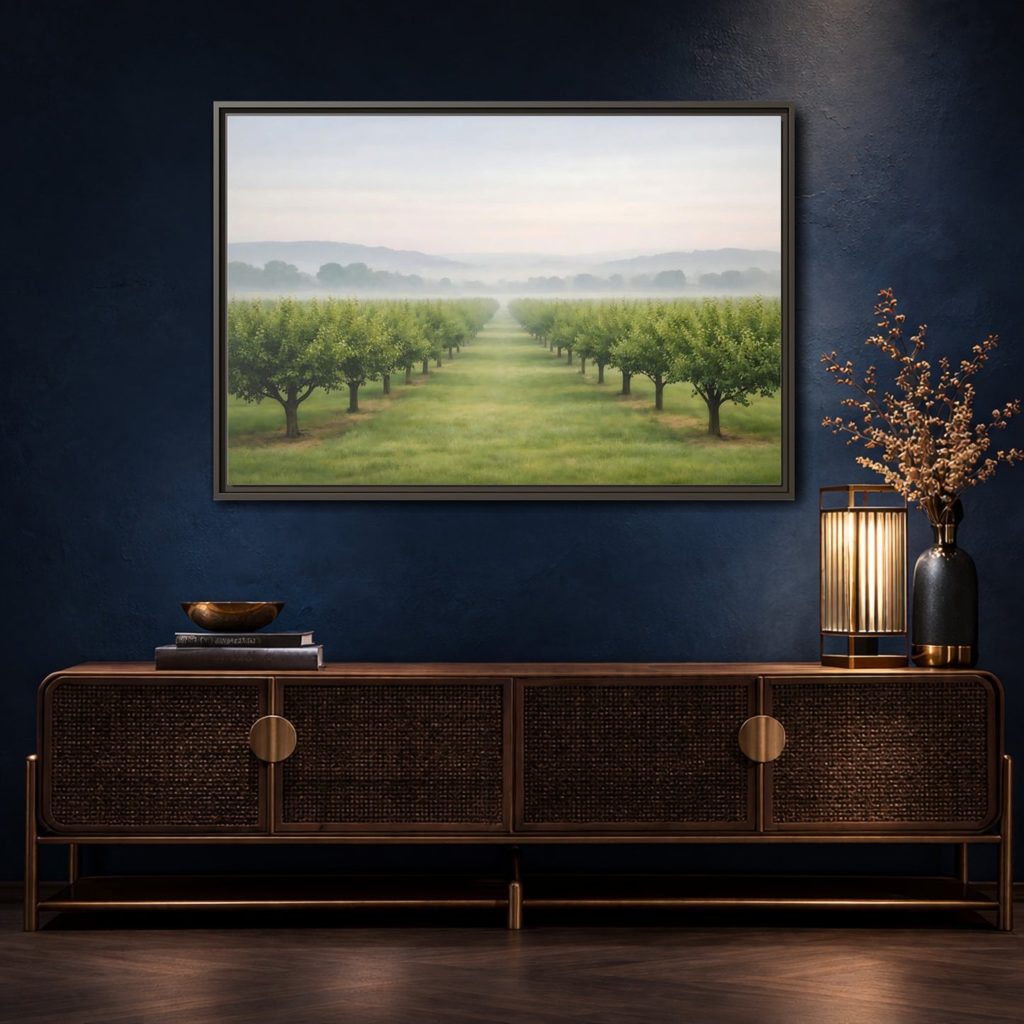 Mockup 4. Nature Tree Rows Green And White shown as stretched canvas wall art