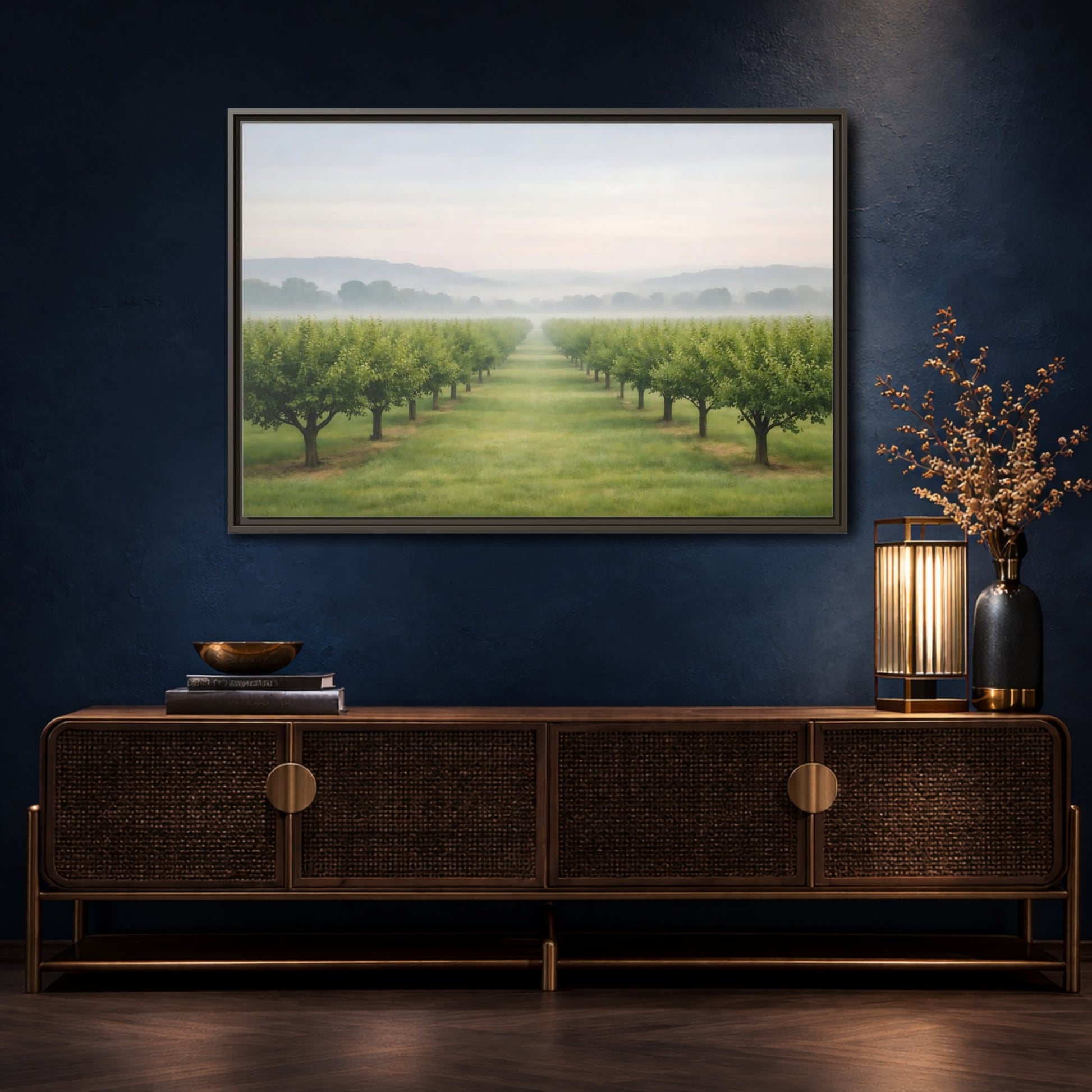 Mockup 4. Nature Tree Rows Green And White shown as stretched canvas wall art