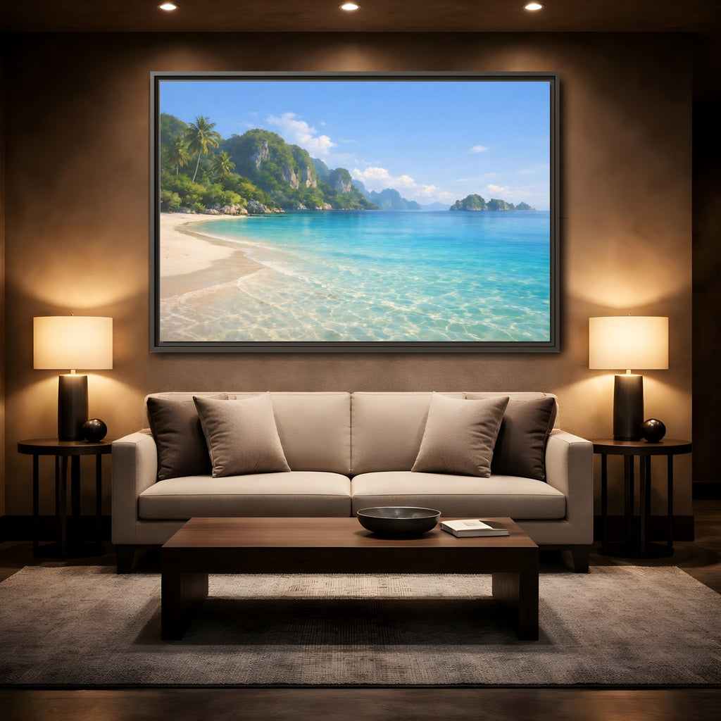 Mockup 2. Nature Tropical Beach Blue Green Beach shown as stretched canvas wall art