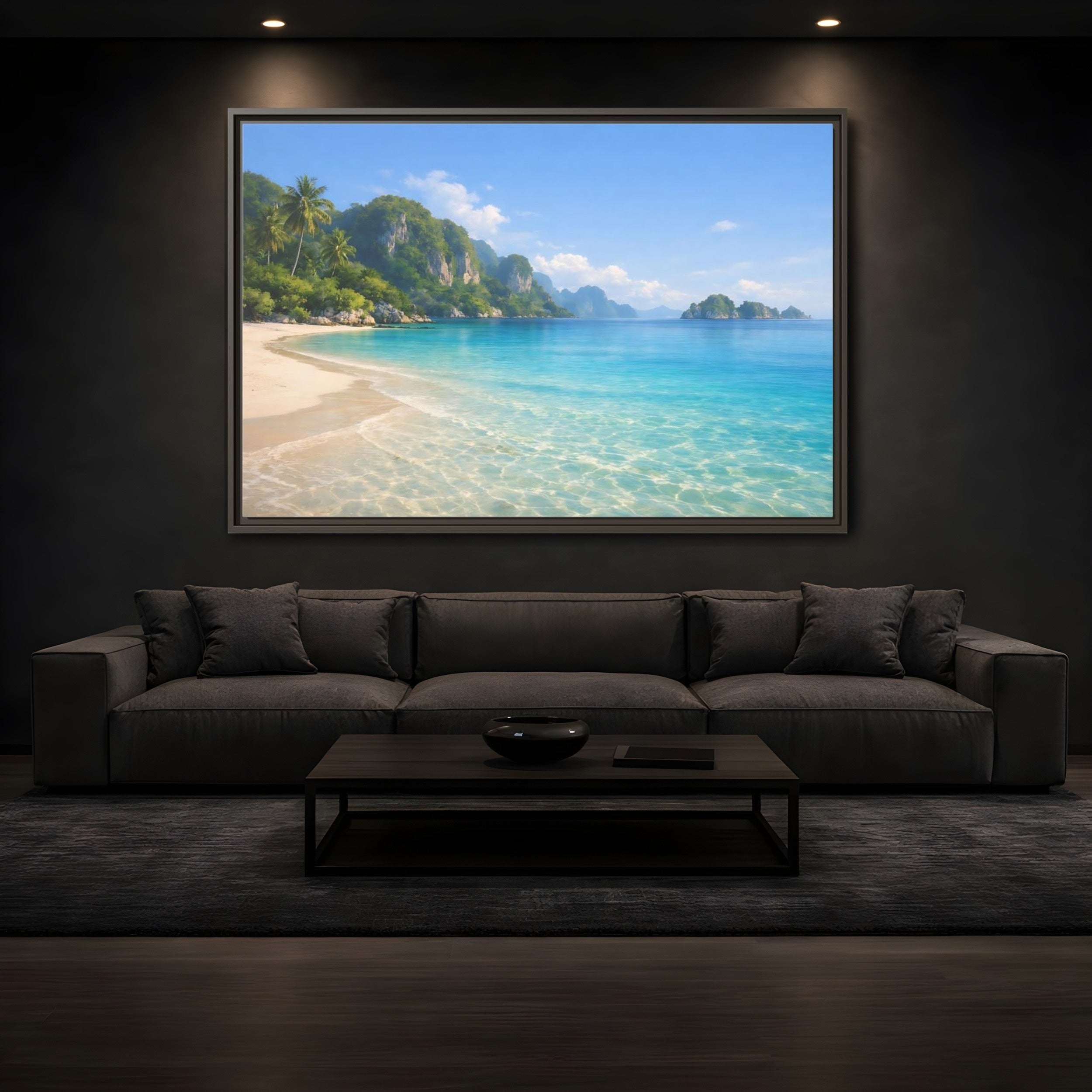 Mockup 3. Nature Tropical Beach Blue Green Beach shown as stretched canvas wall art