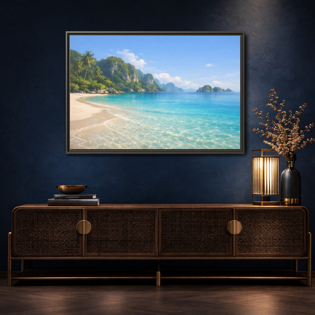 Mockup 4. Nature Tropical Beach Blue Green Beach shown as stretched canvas wall art