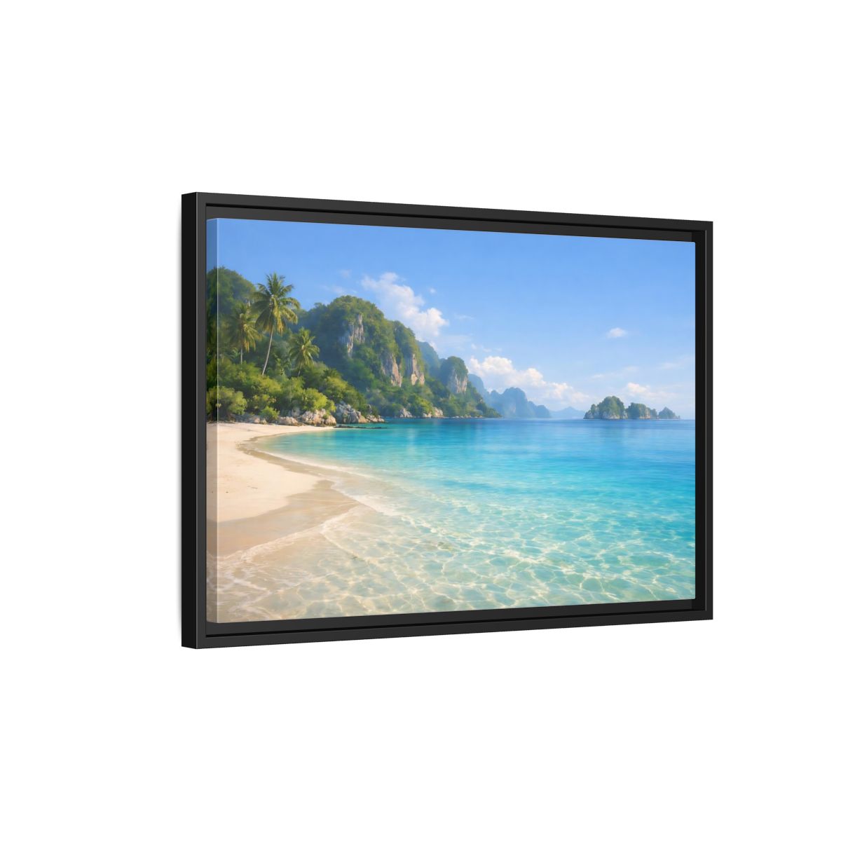 Side Mockup 3. Nature Tropical Beach Blue Green Beach shown as stretched canvas wall art