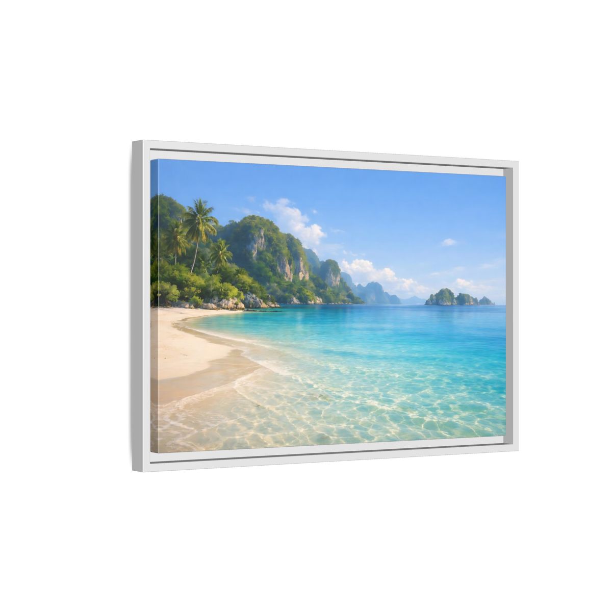 Side Mockup 1. Nature Tropical Beach Blue Green Beach shown as stretched canvas wall art