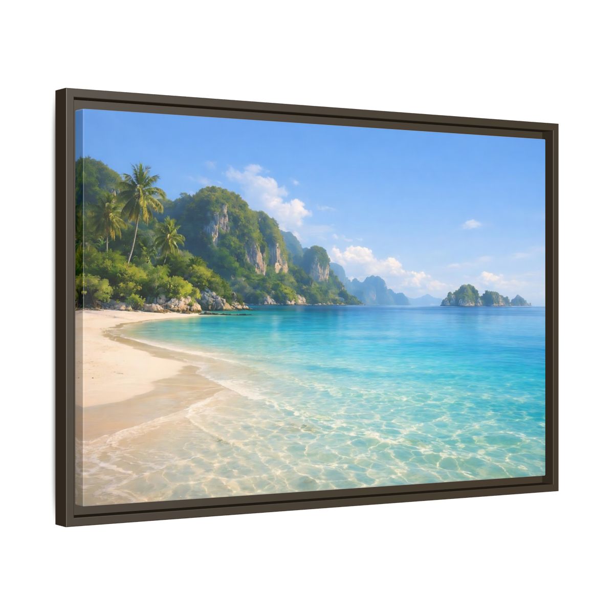 Side Mockup 11. Nature Tropical Beach Blue Green Beach shown as stretched canvas wall art