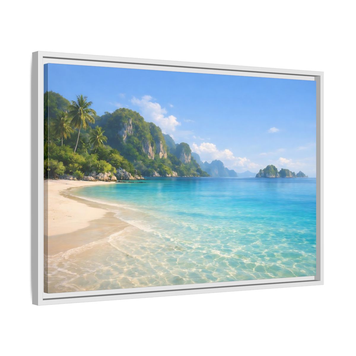 Side Mockup 10. Nature Tropical Beach Blue Green Beach shown as stretched canvas wall art
