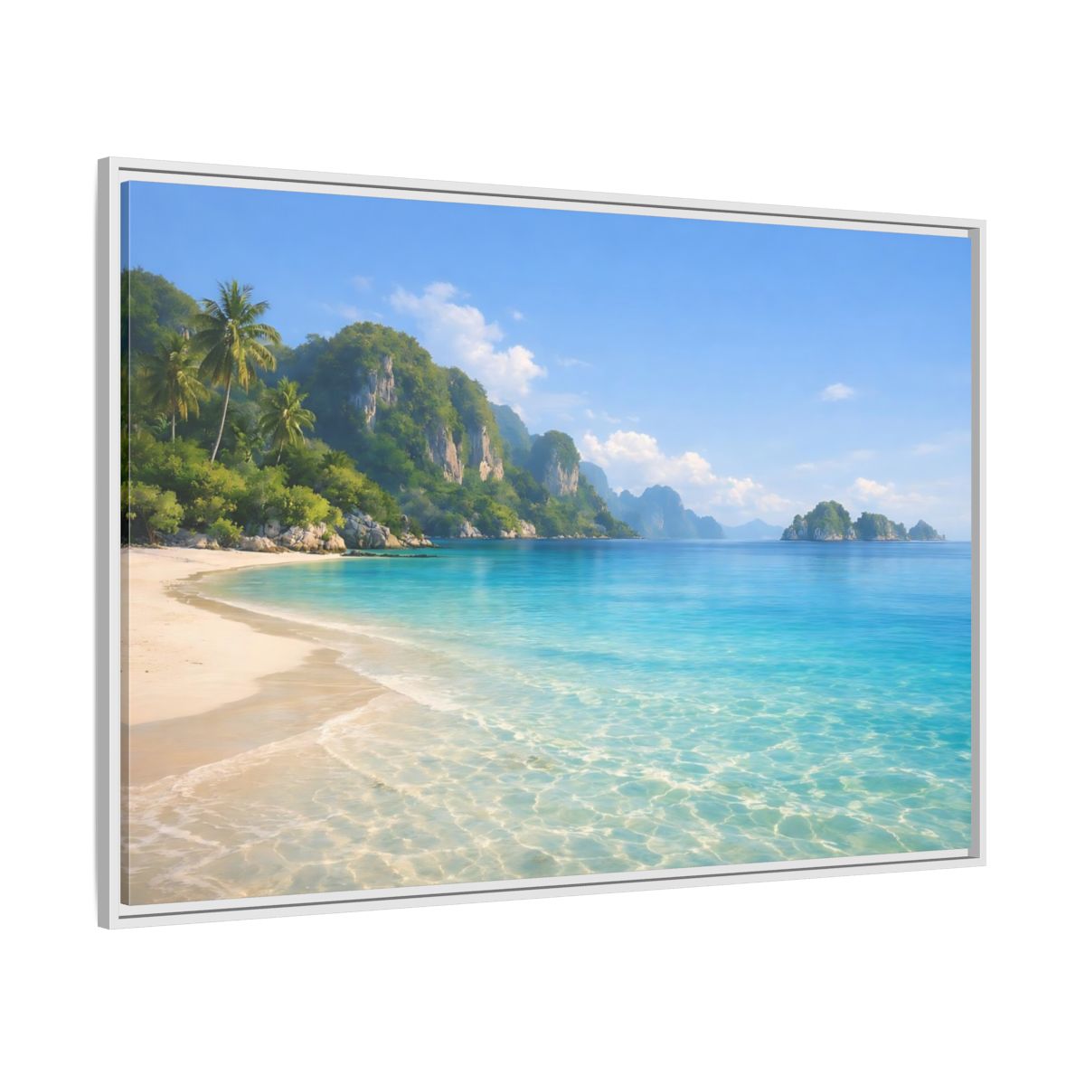 Side Mockup 7. Nature Tropical Beach Blue Green Beach shown as stretched canvas wall art