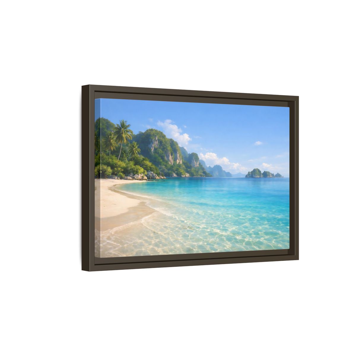 Side Mockup 5. Nature Tropical Beach Blue Green Beach shown as stretched canvas wall art