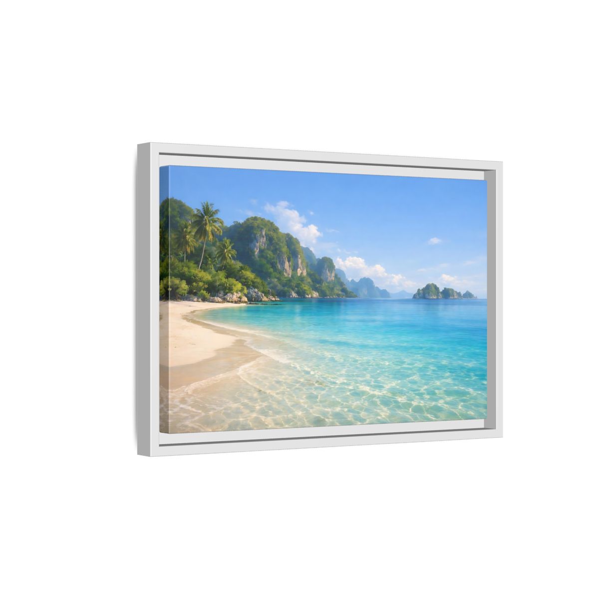 Side Mockup 4. Nature Tropical Beach Blue Green Beach shown as stretched canvas wall art