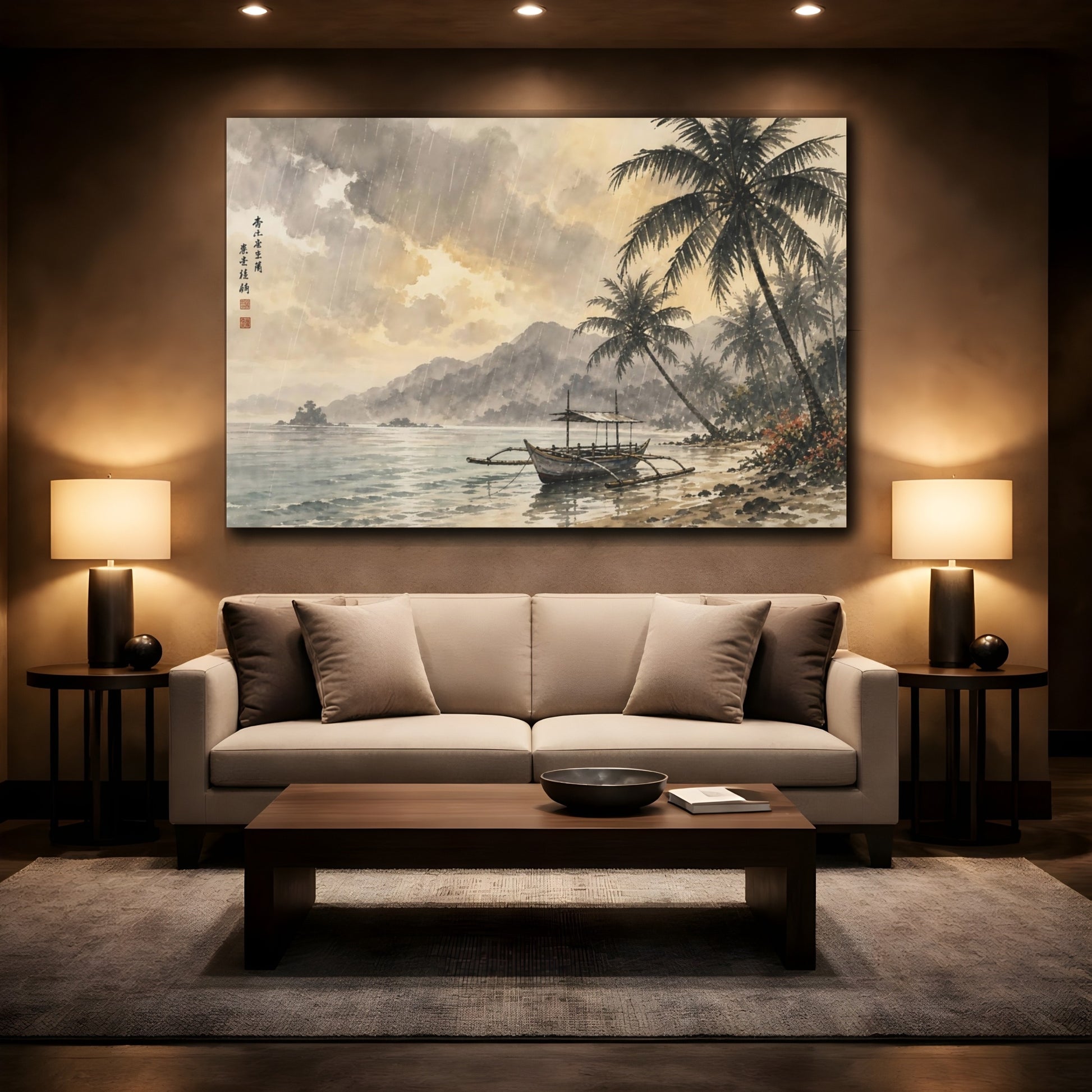 Mockup 2. Nature Tropical Beach Brown And Grey shown as stretched canvas wall art