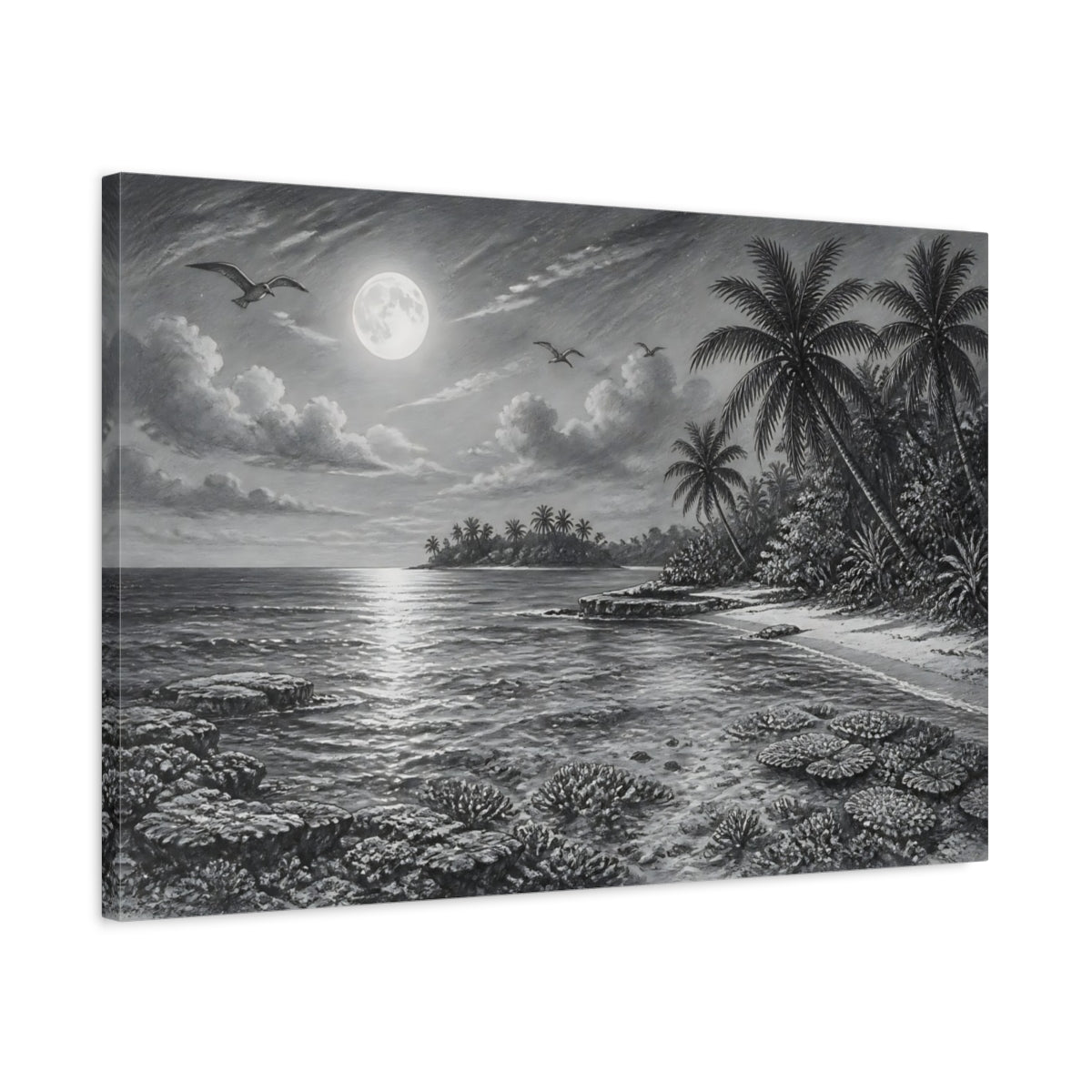 Side Mockup 2. Nature Tropical Beach Monochrome Tropical shown as stretched canvas wall art