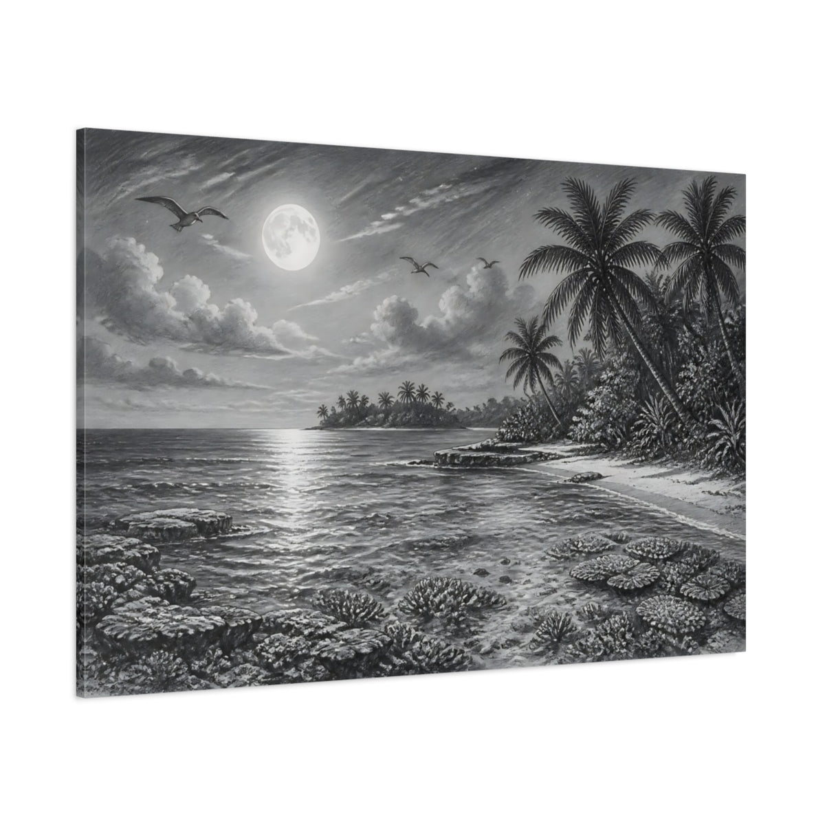 Side Mockup 1. Nature Tropical Beach Monochrome Tropical shown as stretched canvas wall art