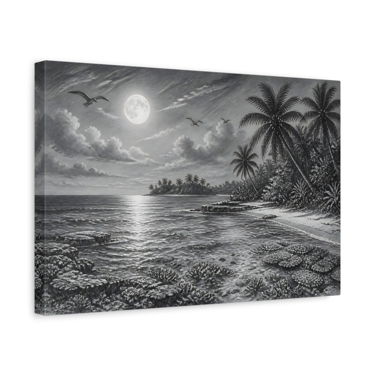 Side Mockup 4. Nature Tropical Beach Monochrome Tropical shown as stretched canvas wall art