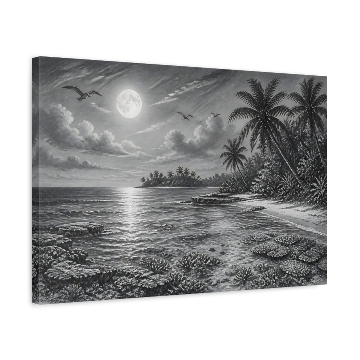 Side Mockup 3. Nature Tropical Beach Monochrome Tropical shown as stretched canvas wall art