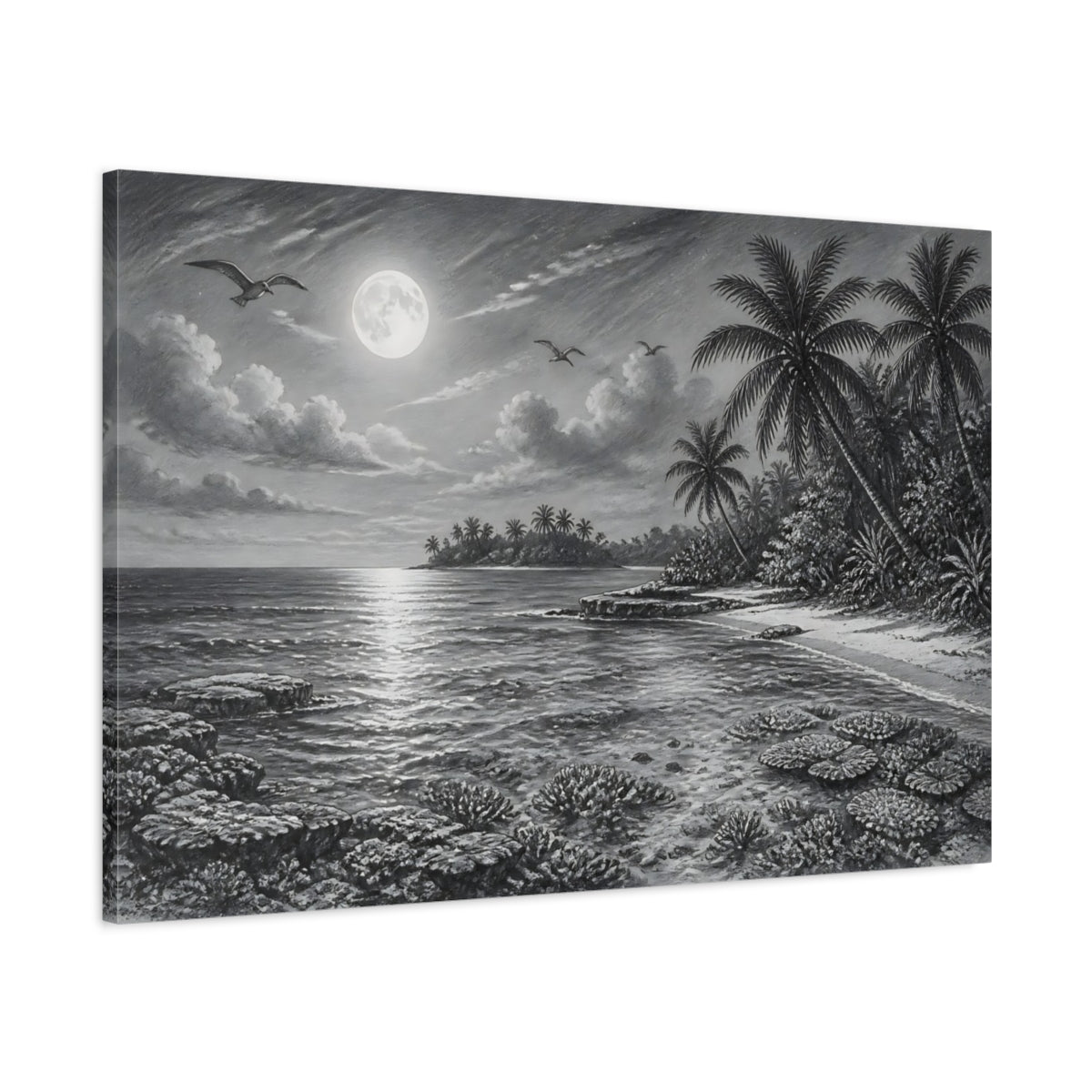 Main Mockup. Nature Tropical Beach Monochrome Tropical shown as stretched canvas wall art
