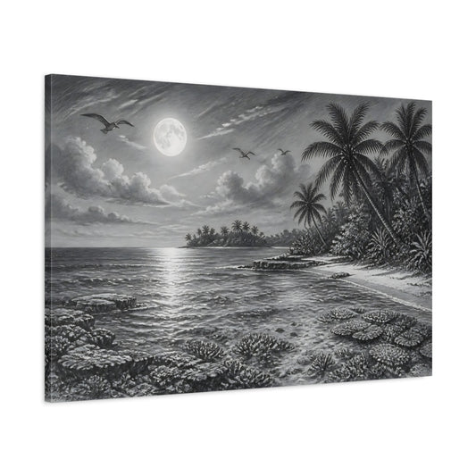 Main Mockup. Nature Tropical Beach Monochrome Tropical shown as stretched canvas wall art