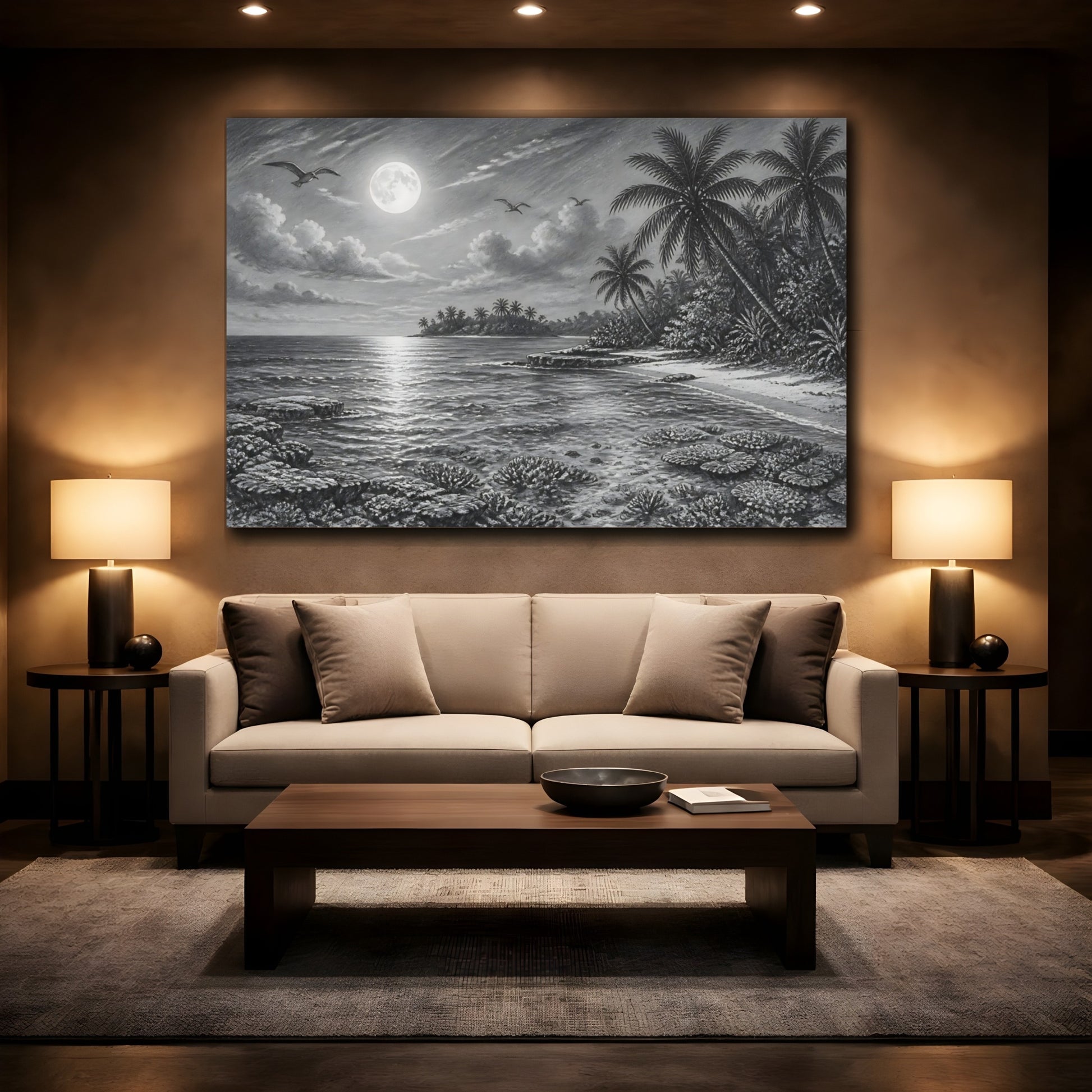Mockup 2. Nature Tropical Beach Monochrome Tropical shown as stretched canvas wall art