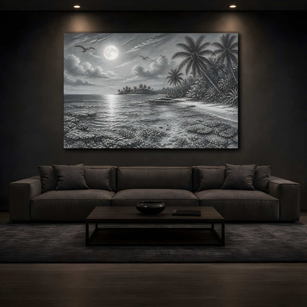 Mockup 3. Nature Tropical Beach Monochrome Tropical shown as stretched canvas wall art