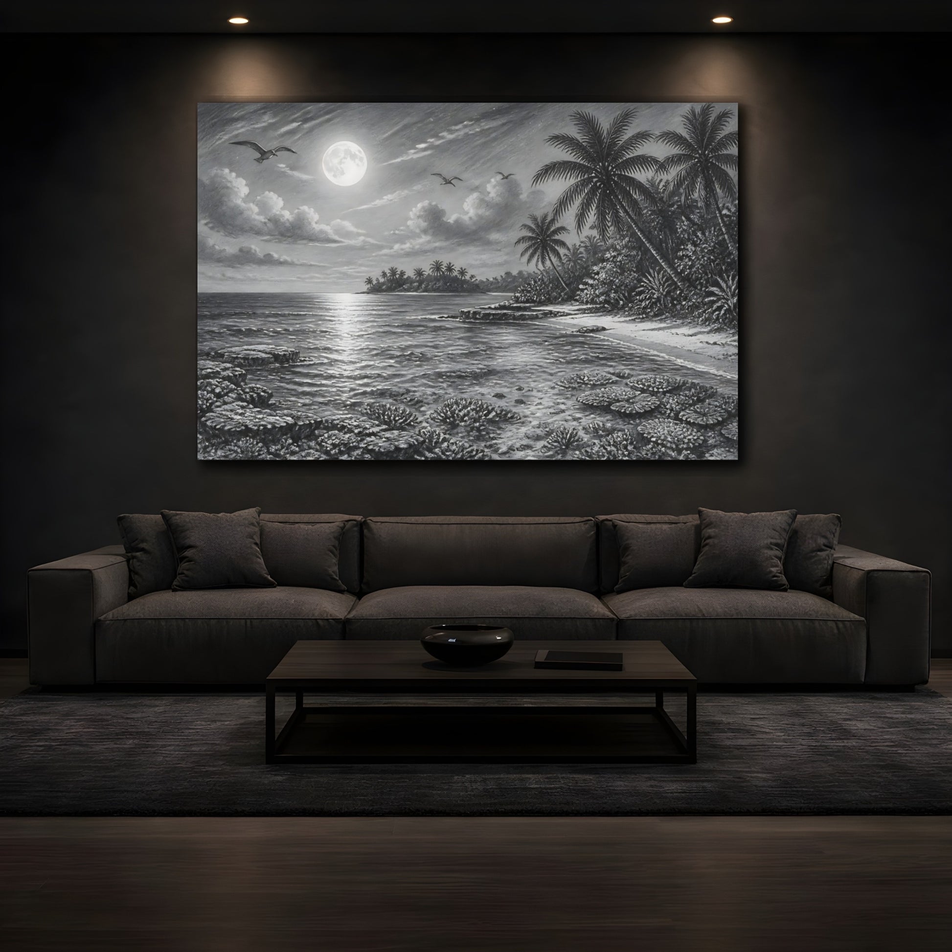 Mockup 3. Nature Tropical Beach Monochrome Tropical shown as stretched canvas wall art