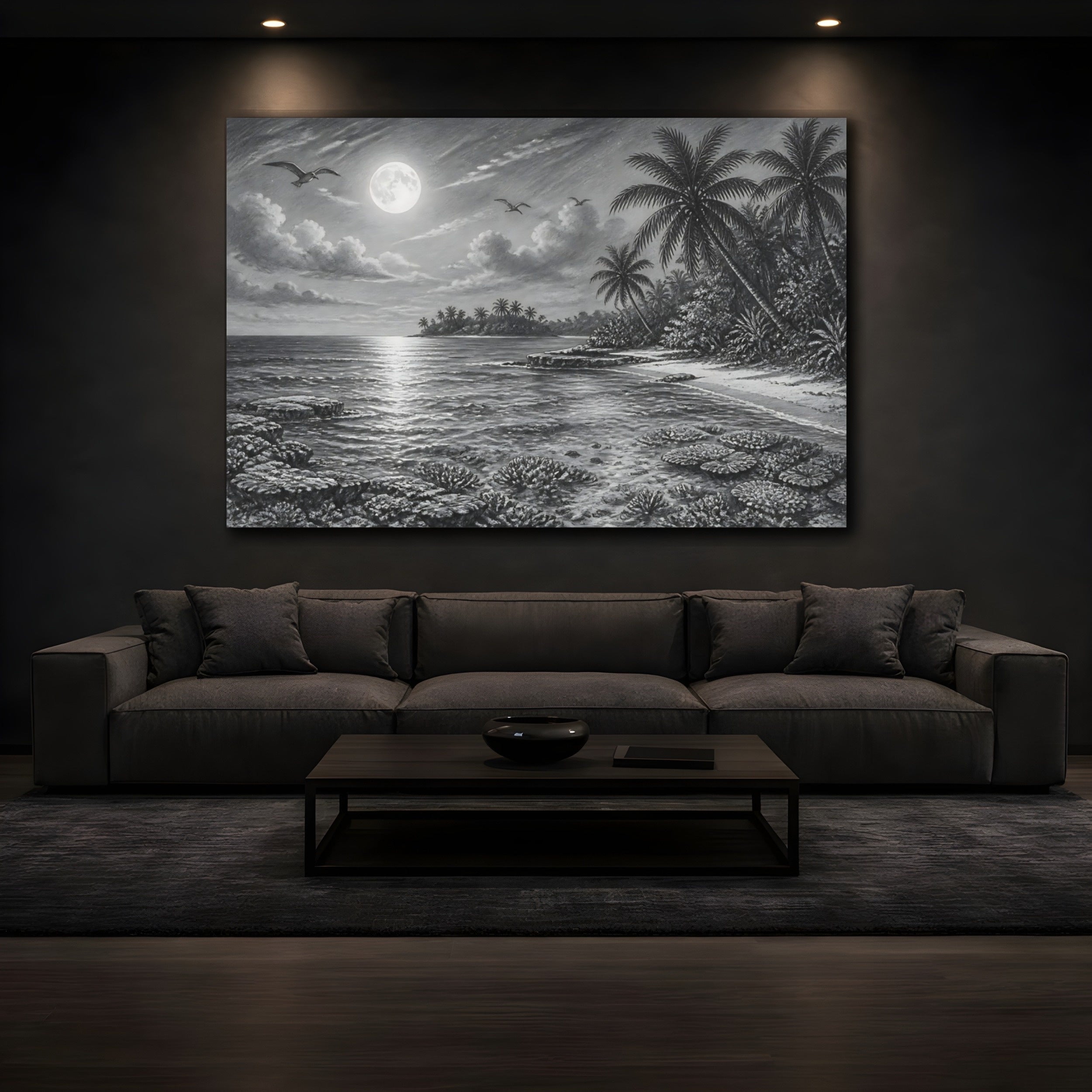 Mockup 3. Nature Tropical Beach Monochrome Tropical shown as stretched canvas wall art