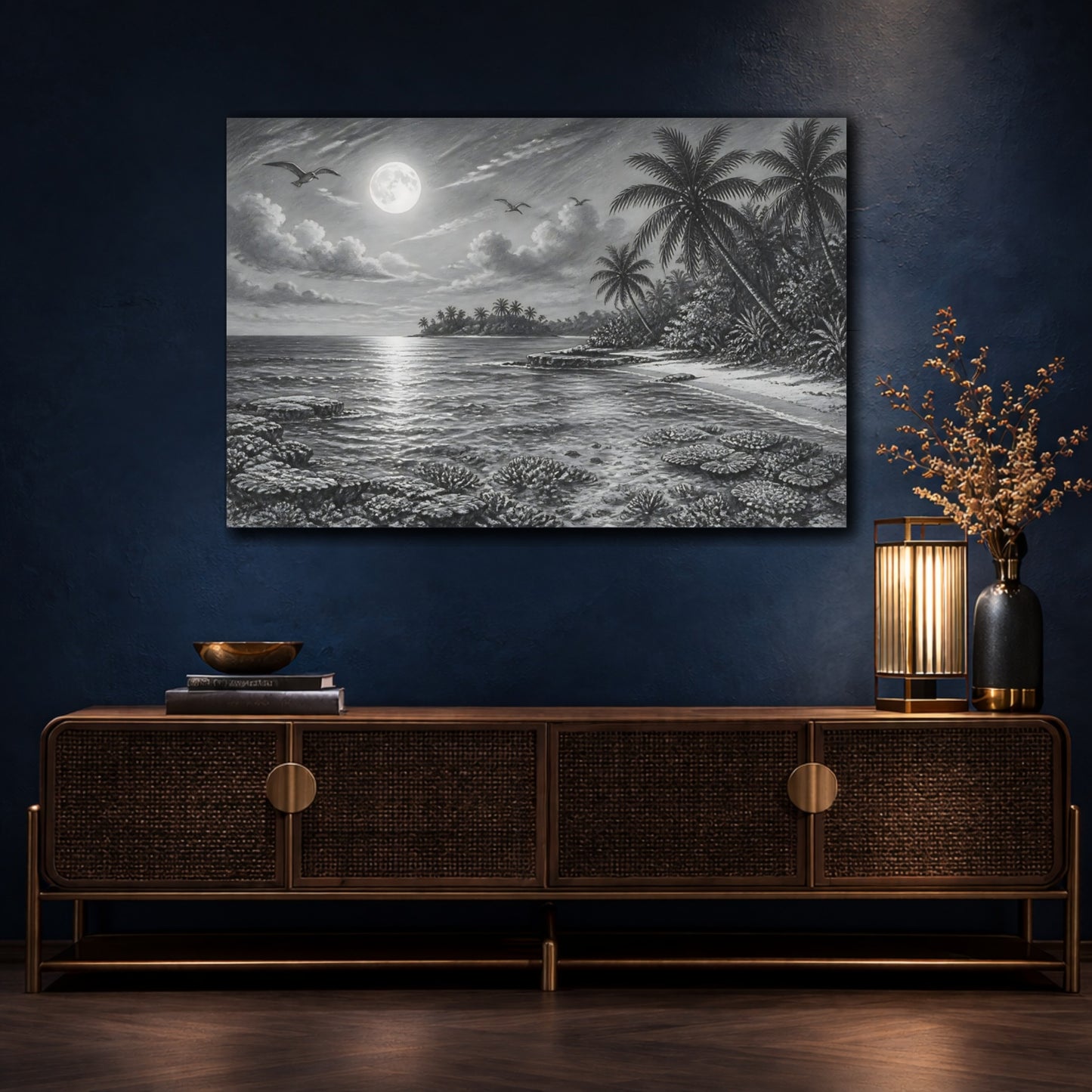 Mockup 4. Nature Tropical Beach Monochrome Tropical shown as stretched canvas wall art