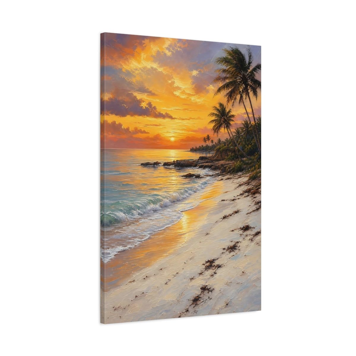 Main Mockup. Nature Tropical Beach Orange Sunset Beach shown as stretched canvas wall art