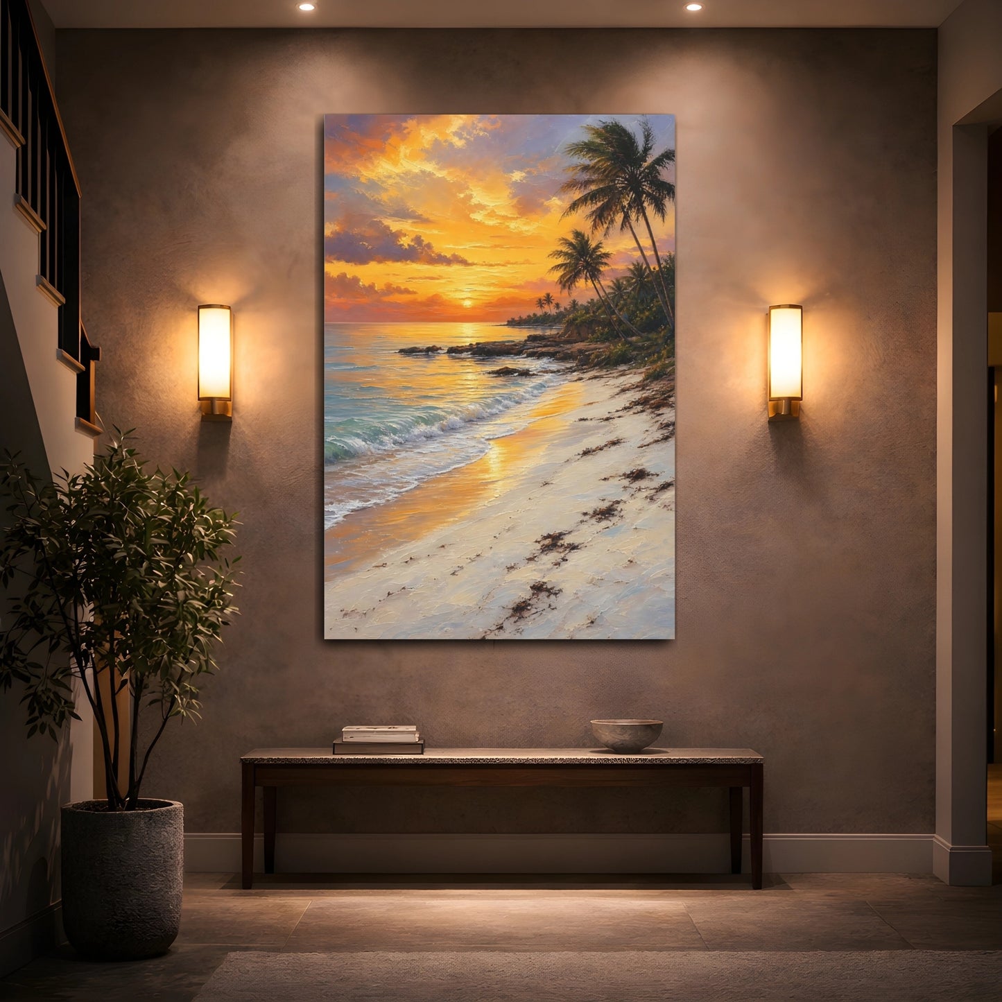 Mockup 2. Nature Tropical Beach Orange Sunset Beach shown as stretched canvas wall art