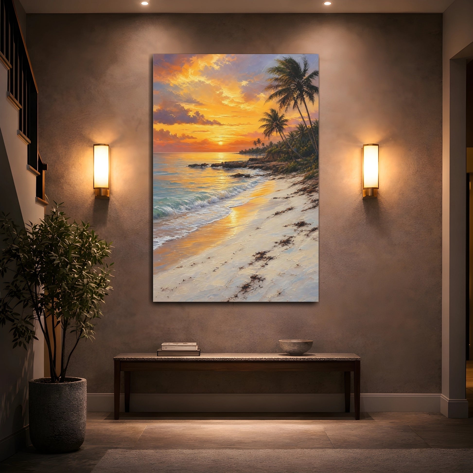 Mockup 2. Nature Tropical Beach Orange Sunset Beach shown as stretched canvas wall art