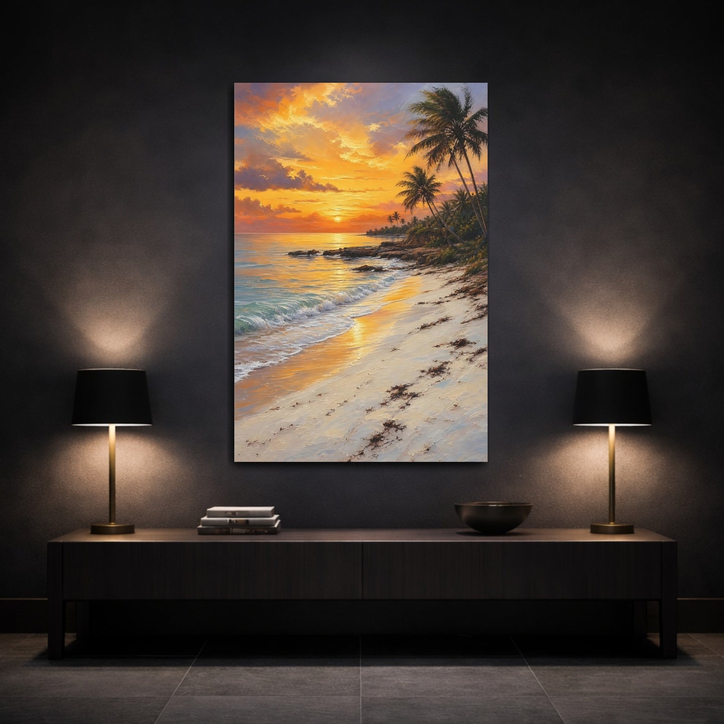 Mockup 3. Nature Tropical Beach Orange Sunset Beach shown as stretched canvas wall art