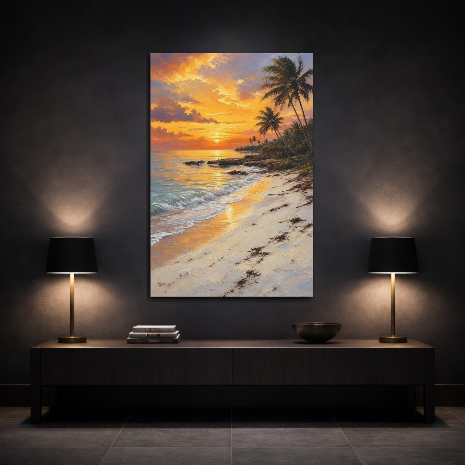 Mockup 3. Nature Tropical Beach Orange Sunset Beach shown as stretched canvas wall art