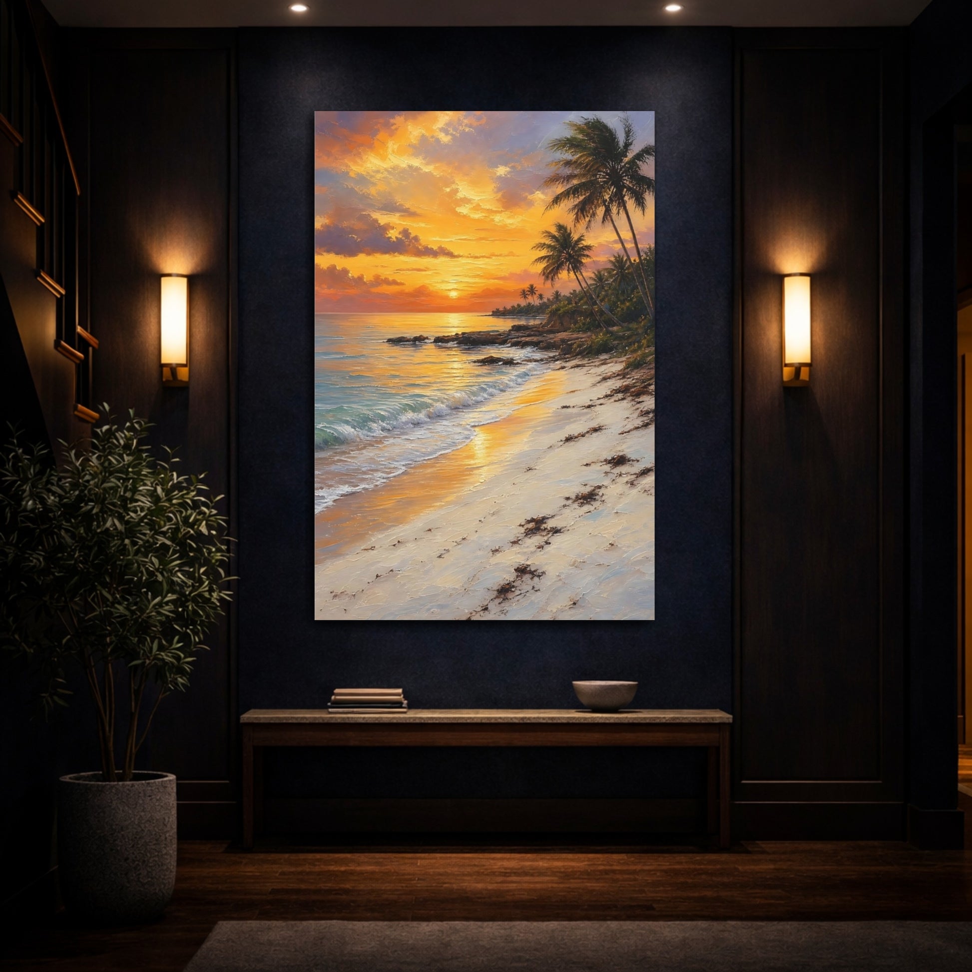 Mockup 4. Nature Tropical Beach Orange Sunset Beach shown as stretched canvas wall art