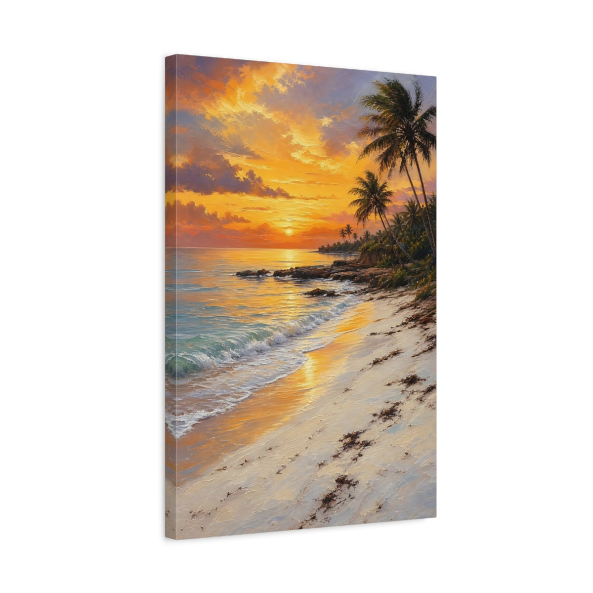 Side Mockup 3. Nature Tropical Beach Orange Sunset Beach shown as stretched canvas wall art