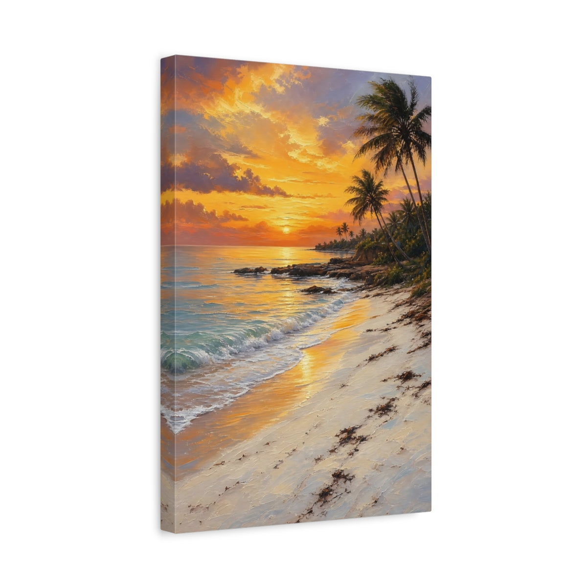 Side Mockup 4. Nature Tropical Beach Orange Sunset Beach shown as stretched canvas wall art